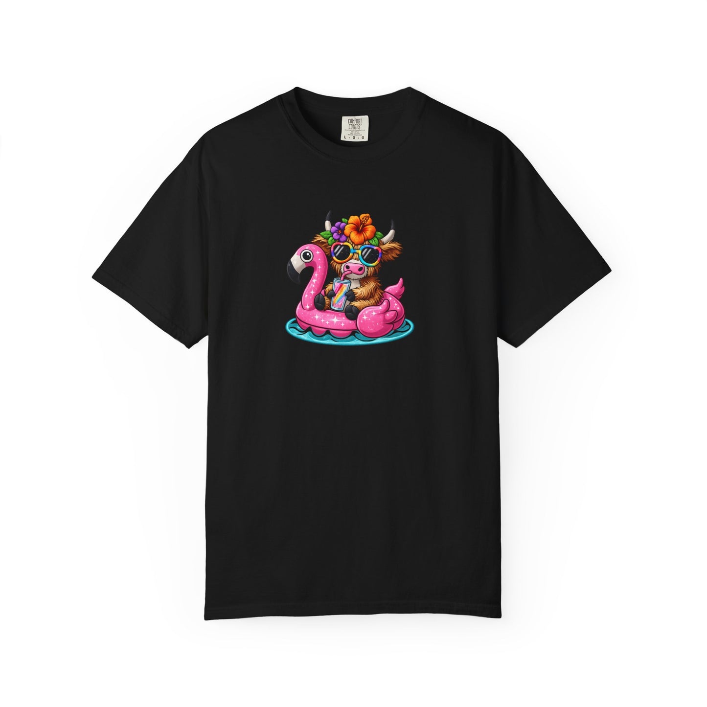 Cute cow on Pink Flamingo Float Graphic T-Shirt — Summer Pool Party Tee