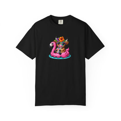 Cute cow on Pink Flamingo Float Graphic T-Shirt — Summer Pool Party Tee