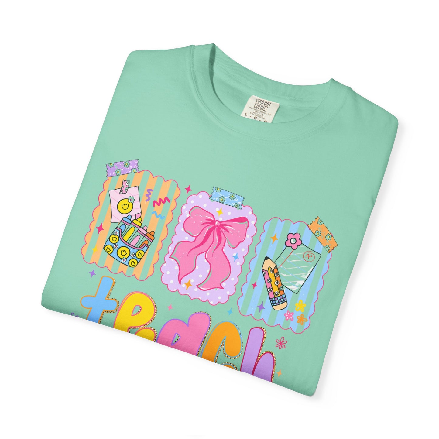 Teacher Gift T‑Shirt — Colorful 'Teach' Classroom Apple & Supplies Design