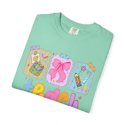 Teacher Gift T‑Shirt — Colorful 'Teach' Classroom Apple & Supplies Design