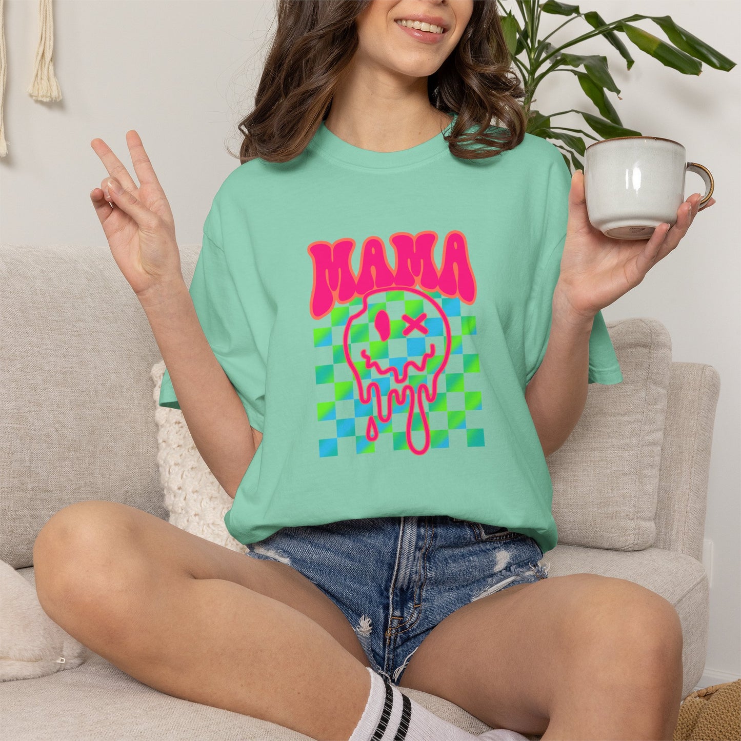 Mama Meltdown Graphic T-Shirt — Neon Checkerboard Drip Design