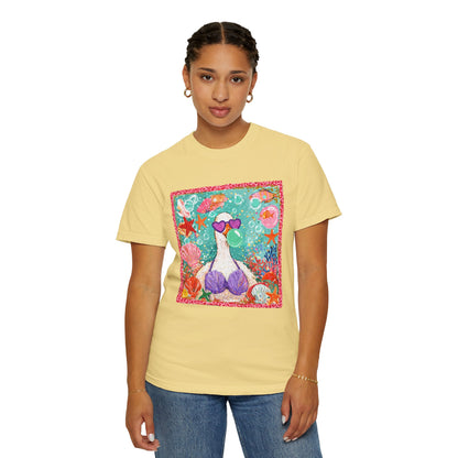 Sea Duck Mermaid T-Shirt — Whimsical Beach Graphic Tee with Sunglasses & Shell Bra