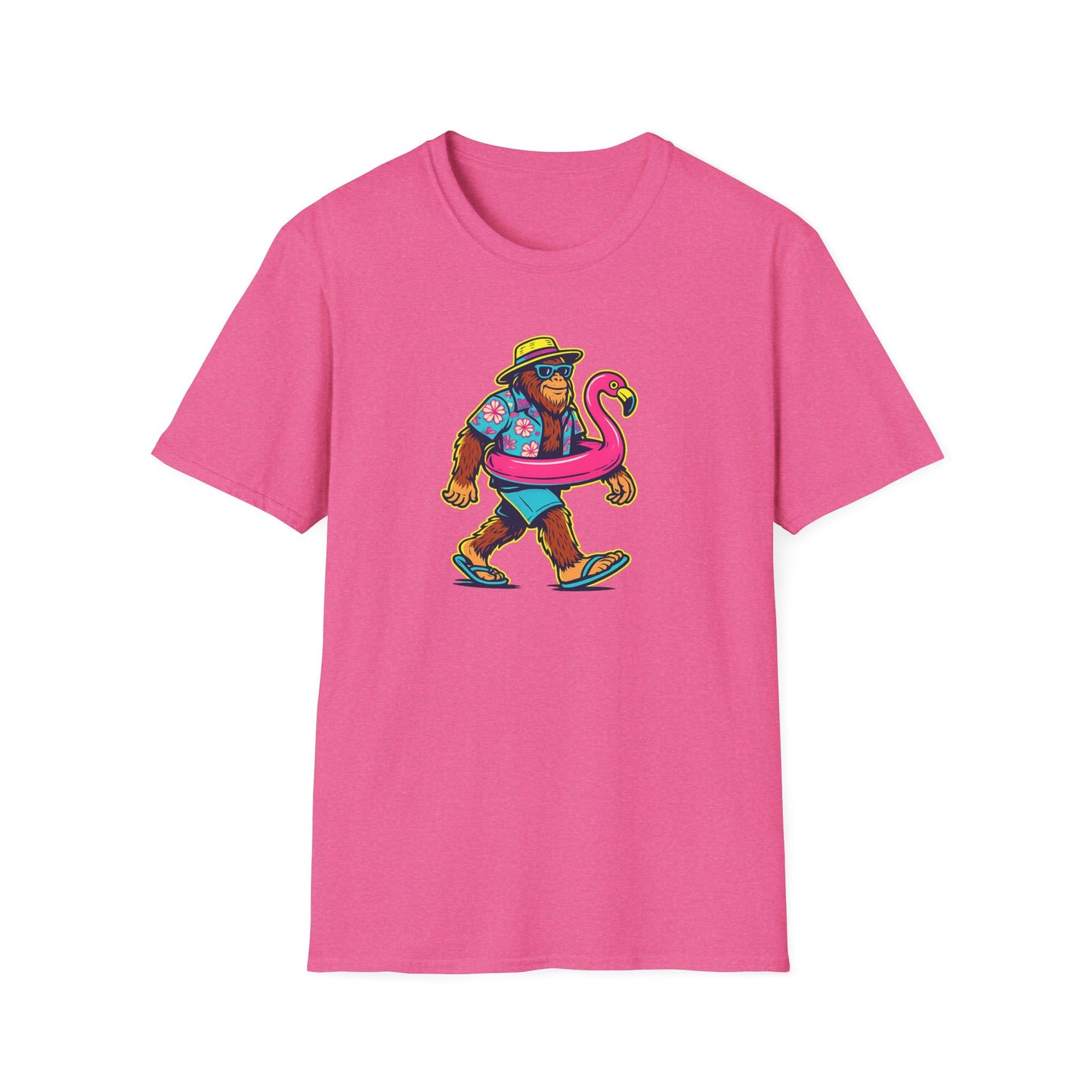 Beach Vacation Bigfoot Tee — Funny Sasquatch with Flamingo Float Shirt