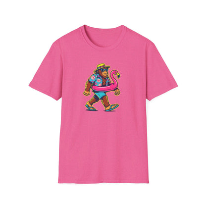 Beach Vacation Bigfoot Tee — Funny Sasquatch with Flamingo Float Shirt