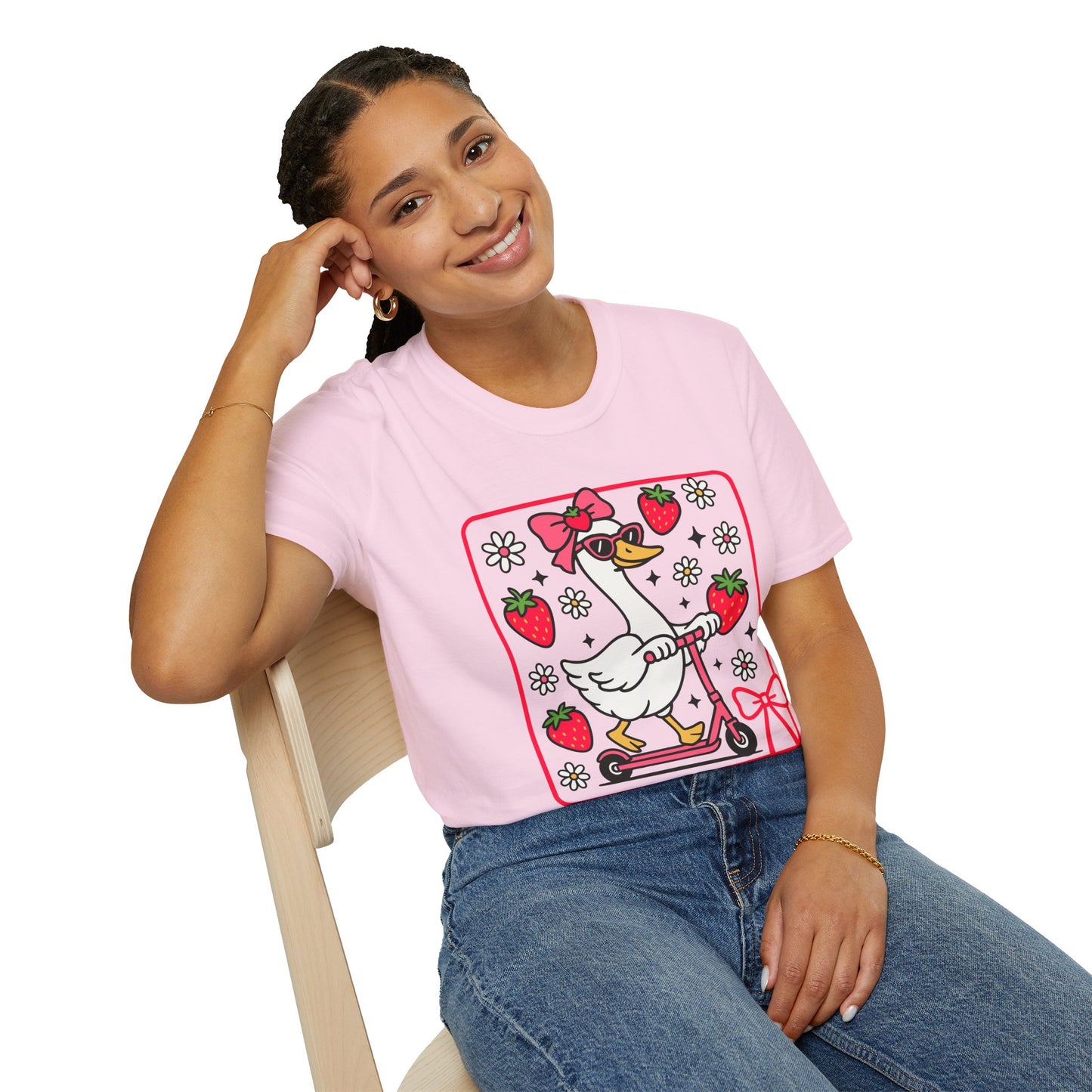 Cute Goose on Scooter T‑Shirt — Strawberry & Bow Graphic Tee