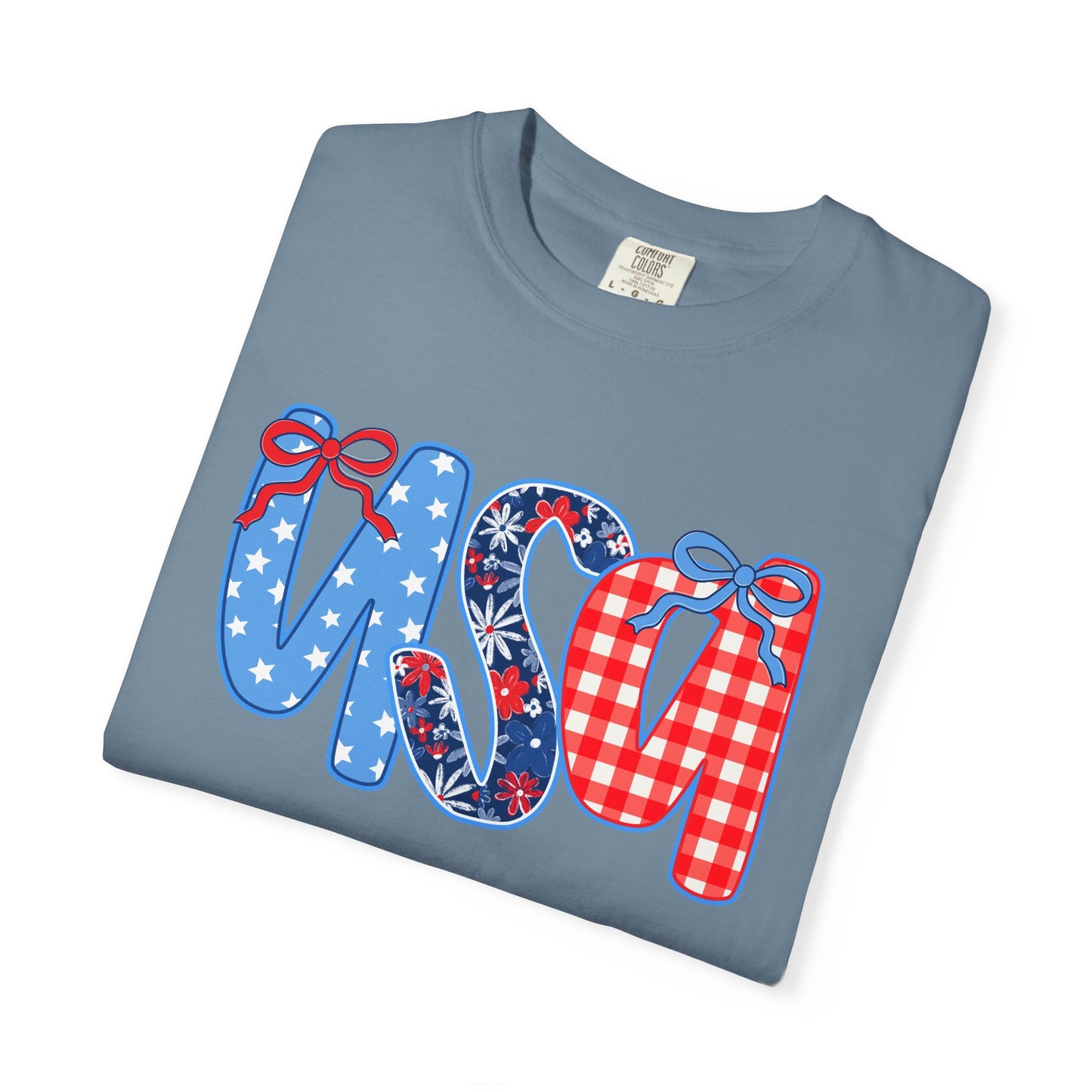 USA Patriotic T-Shirt - Red White Blue Bow Ribbon Design
