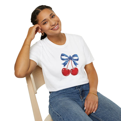 Cherry Graphic T-Shirt — Vintage Red Cherries with Blue Bow
