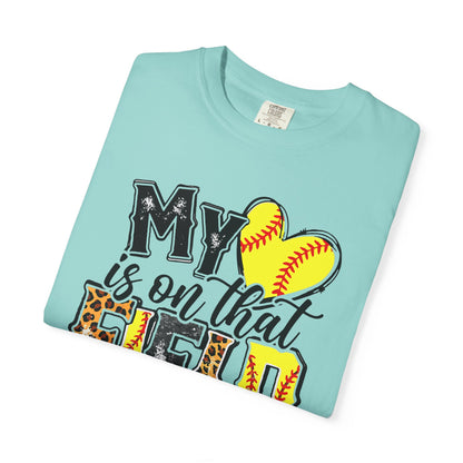Softball Mom T-Shirt - "My Heart is on That Field" Leopard Stitch Design