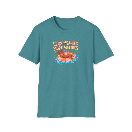 Less Meanies More Weenies T‑Shirt — Funny Hot Dog Pool Graphic Tee