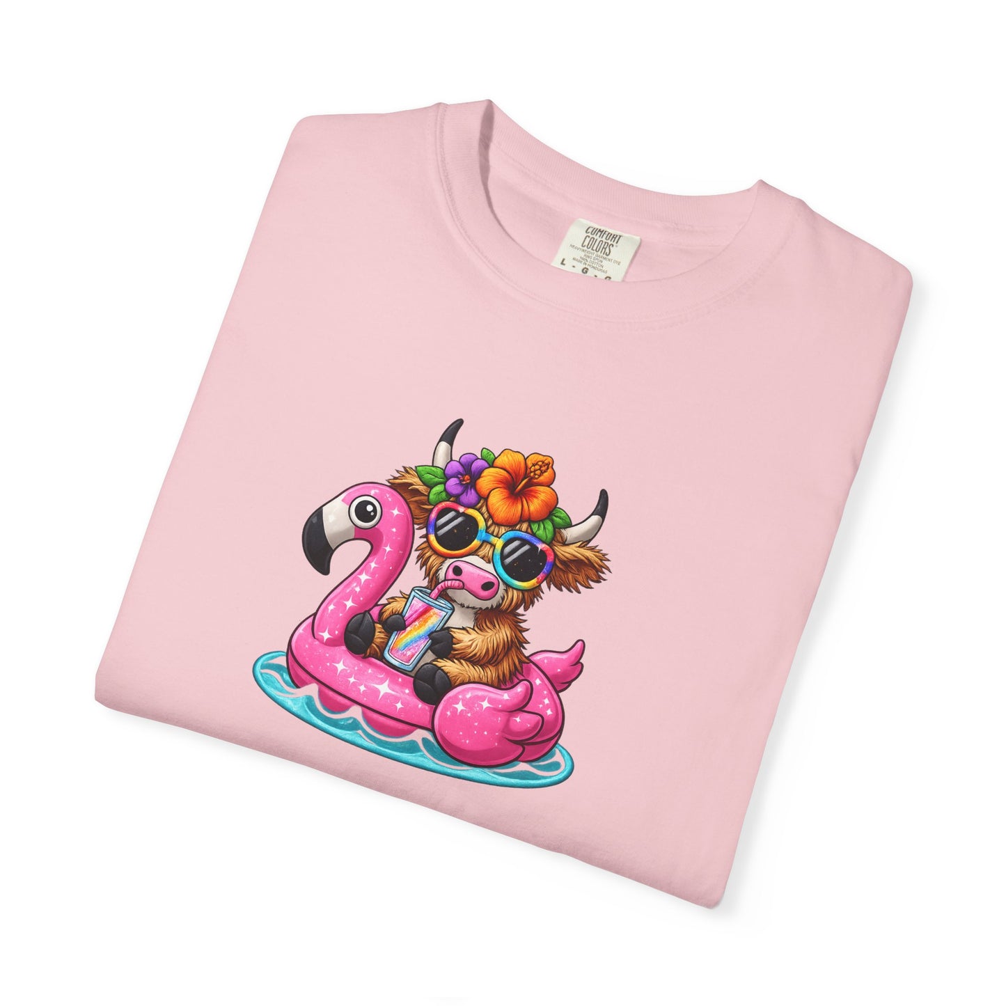 Cute cow on Pink Flamingo Float Graphic T-Shirt — Summer Pool Party Tee