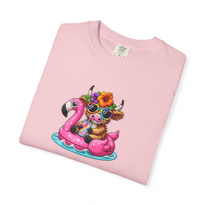 Cute cow on Pink Flamingo Float Graphic T-Shirt — Summer Pool Party Tee
