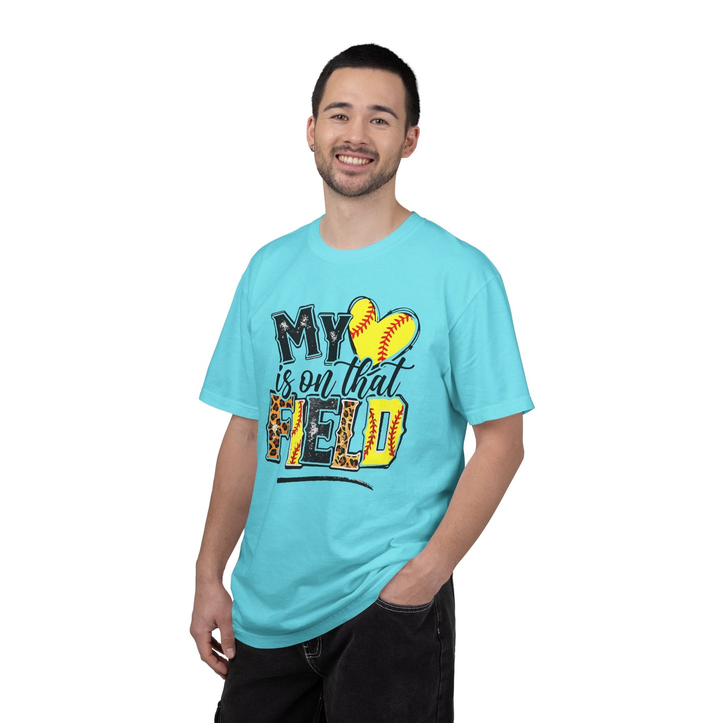 Softball Mom T-Shirt - "My Heart is on That Field" Leopard Stitch Design