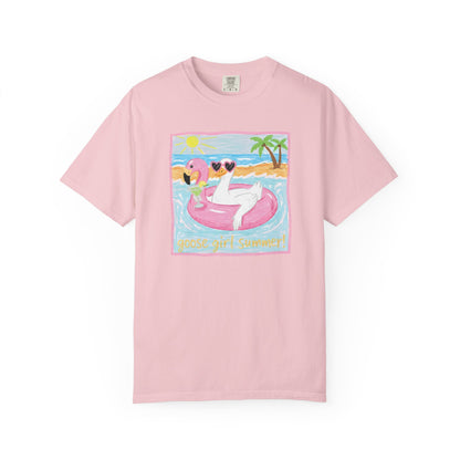 Summer Flamingo Pool Float T-Shirt – ‘Good Vibes & Sunshine’ Beach Tee