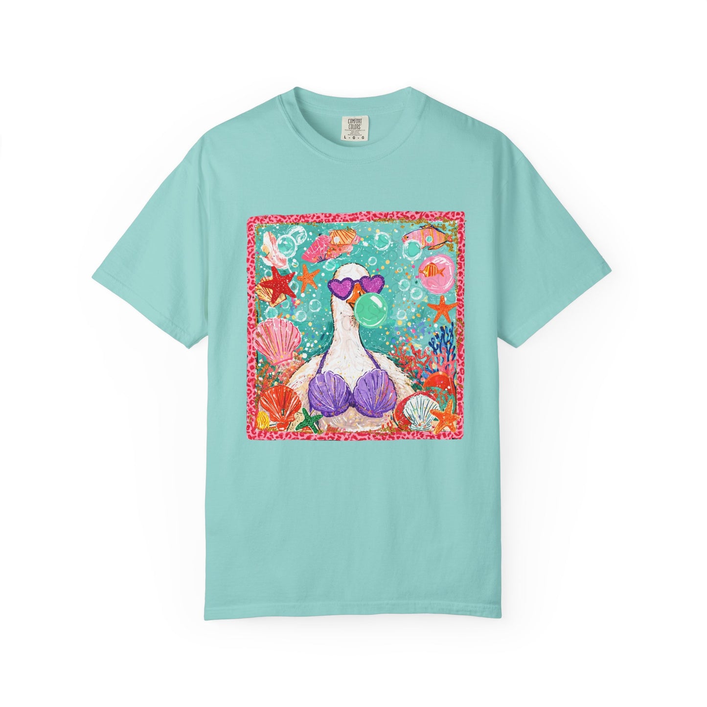 Sea Duck Mermaid T-Shirt — Whimsical Beach Graphic Tee with Sunglasses & Shell Bra