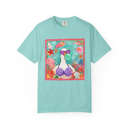 Sea Duck Mermaid T-Shirt — Whimsical Beach Graphic Tee with Sunglasses & Shell Bra