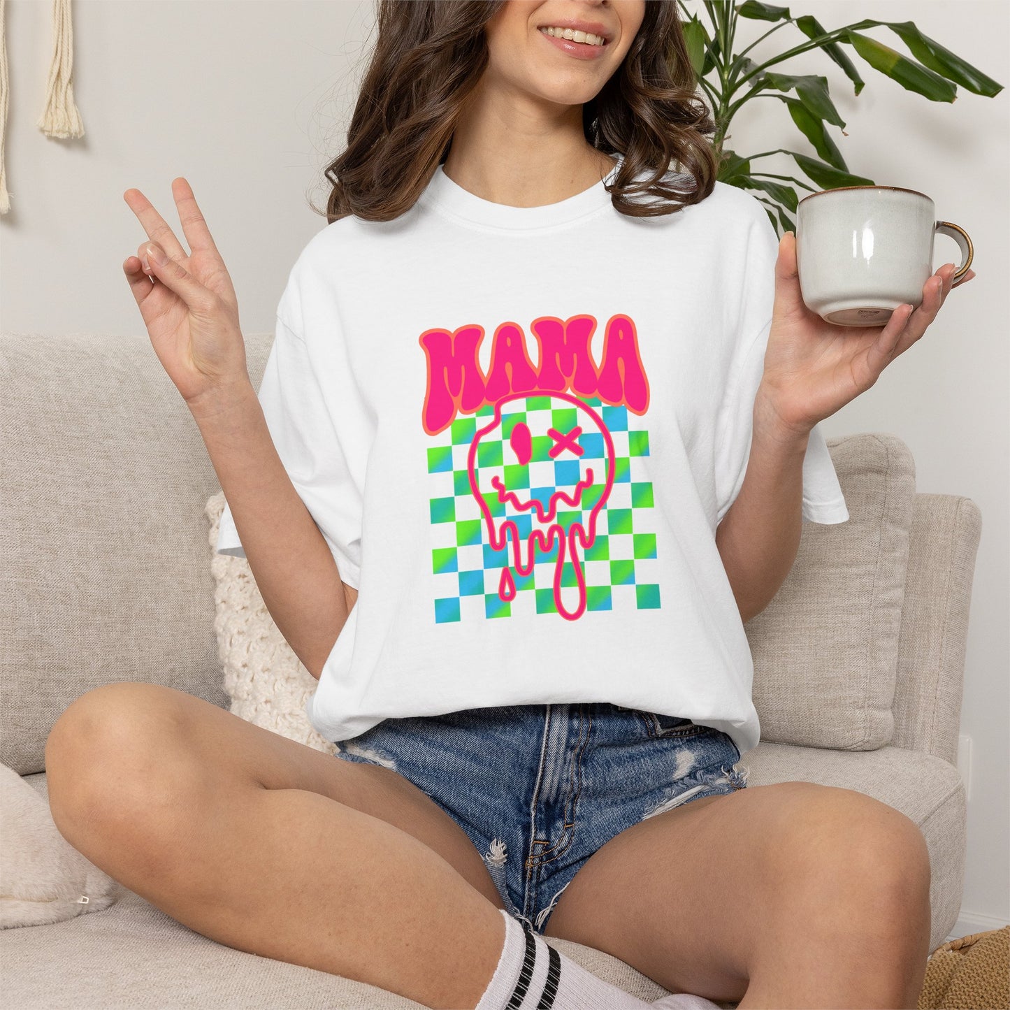 Mama Meltdown Graphic T-Shirt — Neon Checkerboard Drip Design