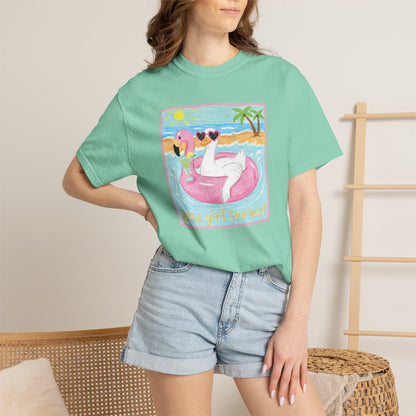 Summer Flamingo Pool Float T-Shirt – ‘Good Vibes & Sunshine’ Beach Tee