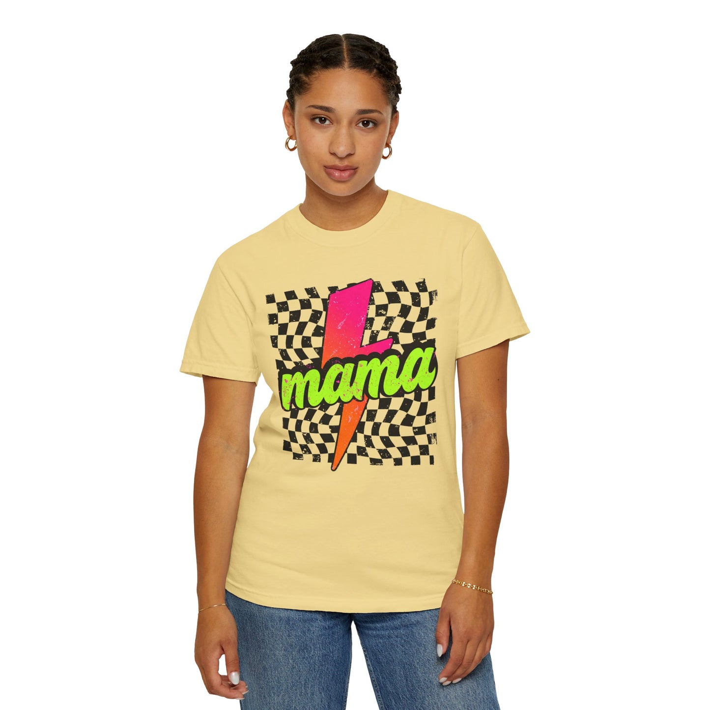 Mama Lightning Bolt T-Shirt — Retro Neon Checkered Graphic Tee for Moms