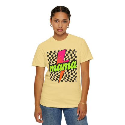 Mama Lightning Bolt T-Shirt — Retro Neon Checkered Graphic Tee for Moms