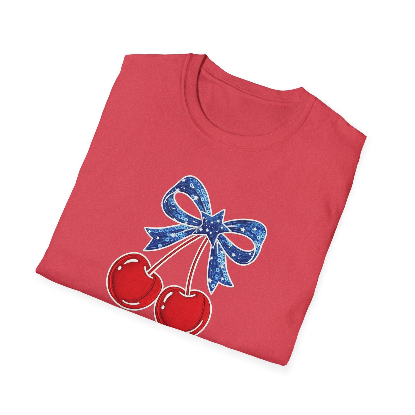 Cherry Graphic T-Shirt — Vintage Red Cherries with Blue Bow