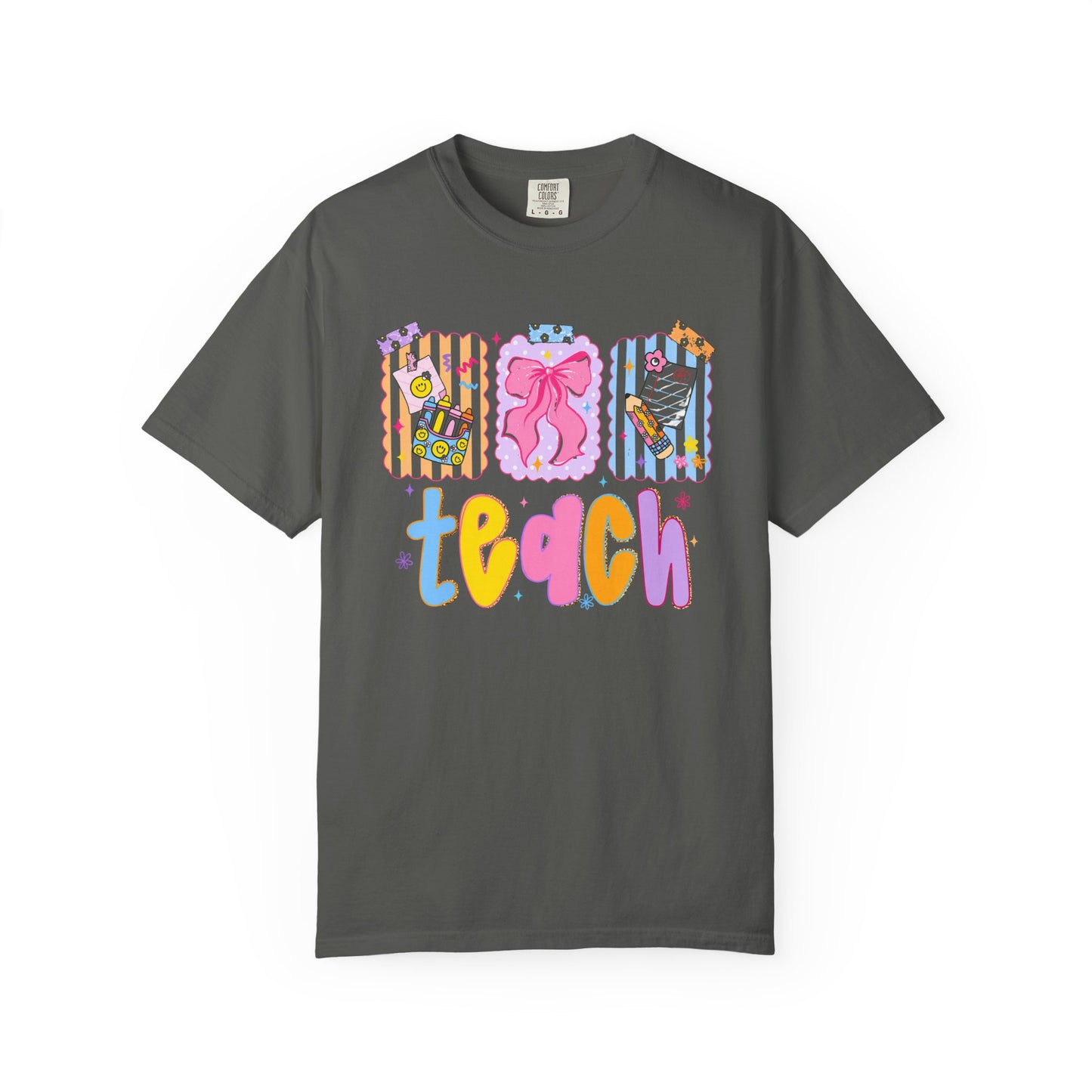 Teacher Gift T‑Shirt — Colorful 'Teach' Classroom Apple & Supplies Design