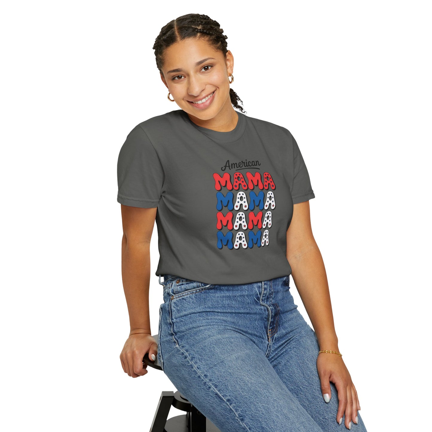 American Mama Graphic T-Shirt – Patriotic Red White Blue Mom Tee