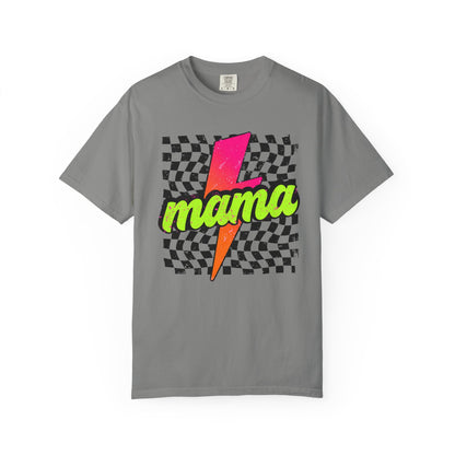 Mama Lightning Bolt T-Shirt — Retro Neon Checkered Graphic Tee for Moms