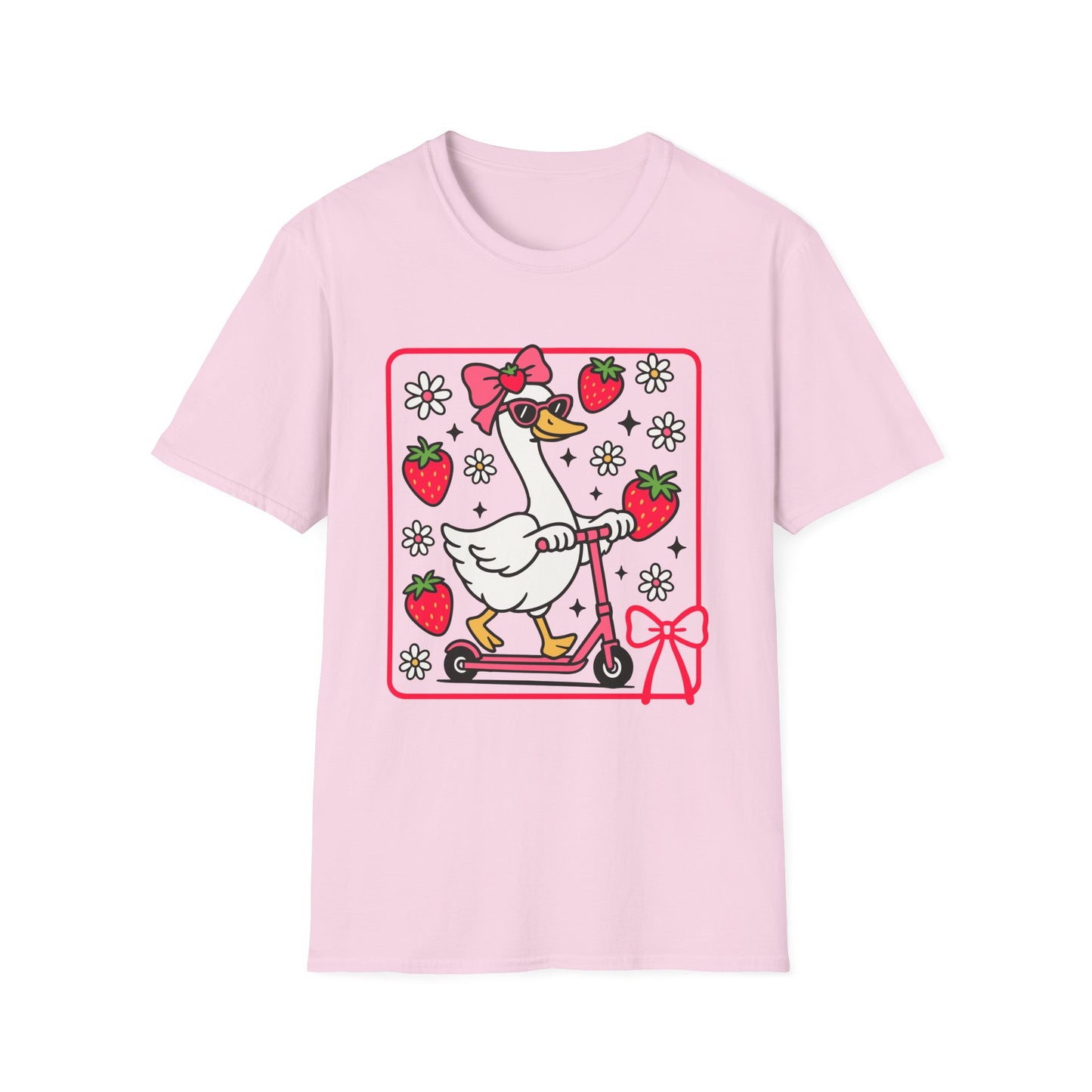 Cute Goose on Scooter T‑Shirt — Strawberry & Bow Graphic Tee
