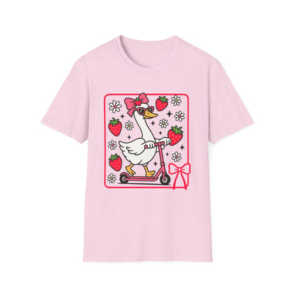 Cute Goose on Scooter T‑Shirt — Strawberry & Bow Graphic Tee