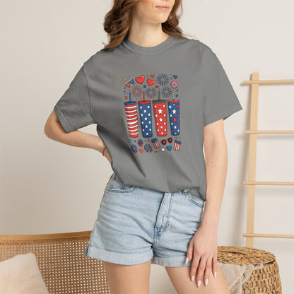 Patriotic Fireworks Cups T-Shirt — USA 4th of July Graphic Tee