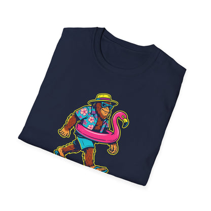Beach Vacation Bigfoot Tee — Funny Sasquatch with Flamingo Float Shirt