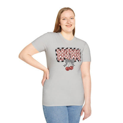 Cherry Pattern Graphic T-Shirt — Checker Bow & Double Cherries Design