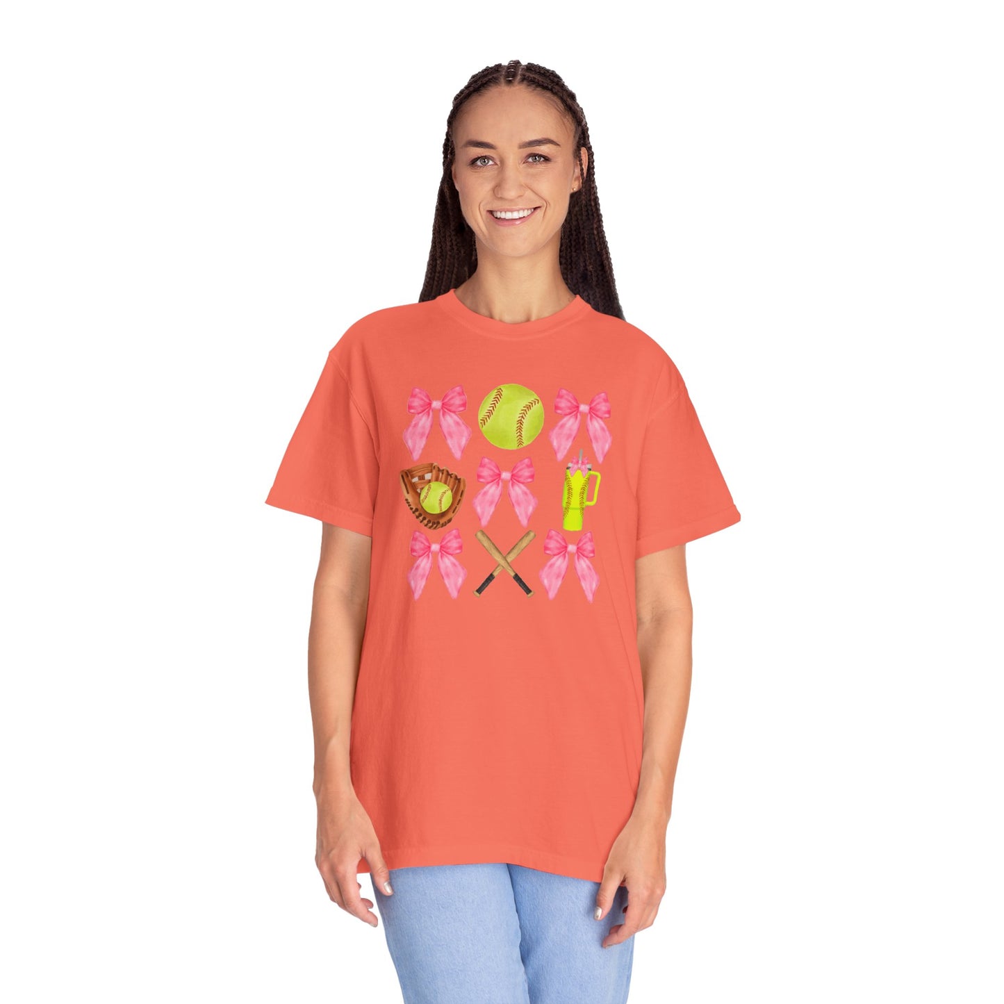 Softball Mom Graphic T‑Shirt — Pink Bows, Glove & Bat Design
