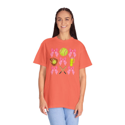 Softball Mom Graphic T‑Shirt — Pink Bows, Glove & Bat Design