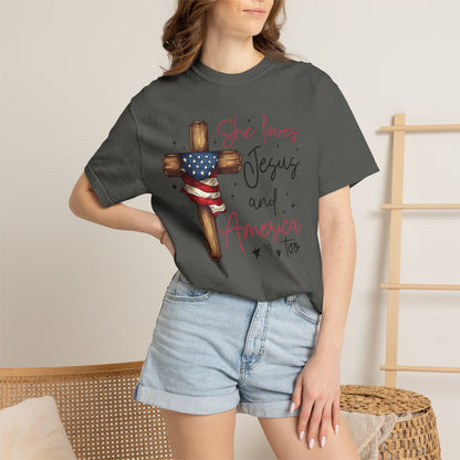 T-Shirt — "She Loves Jesus and America Too" Cross & Flag Faith Patriotic Tee