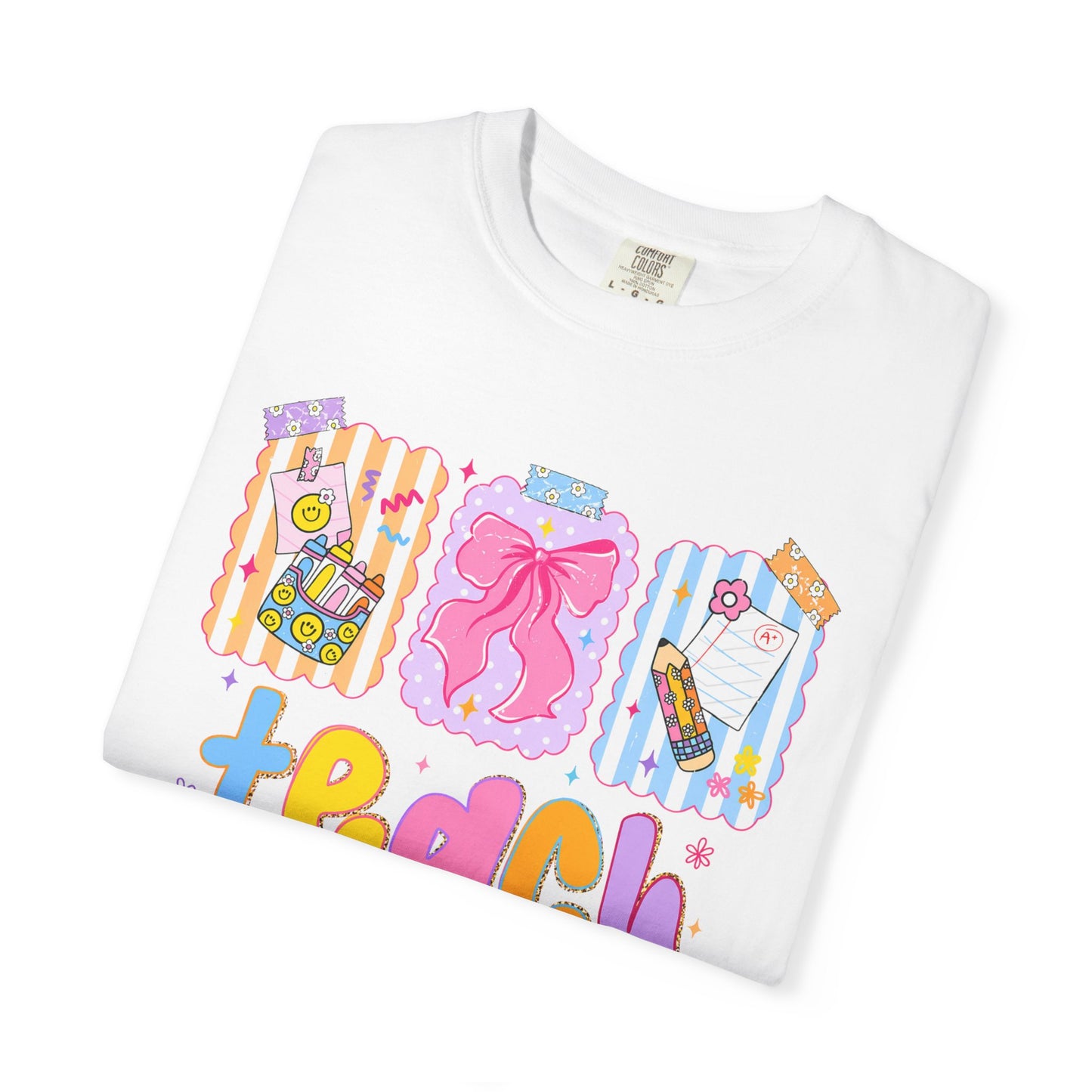 Teacher Gift T‑Shirt — Colorful 'Teach' Classroom Apple & Supplies Design