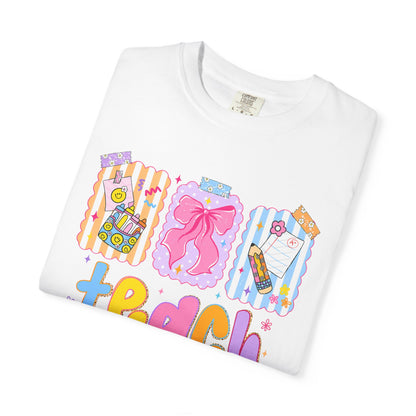 Teacher Gift T‑Shirt — Colorful 'Teach' Classroom Apple & Supplies Design
