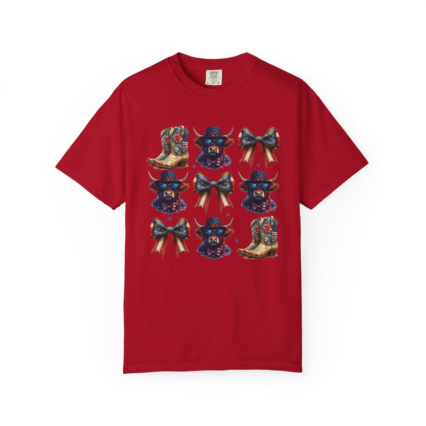 Patriotic Cowboy Icons T-Shirt — Western Boots, Hats & Bows Graphic Tee