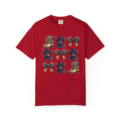 Patriotic Cowboy Icons T-Shirt — Western Boots, Hats & Bows Graphic Tee
