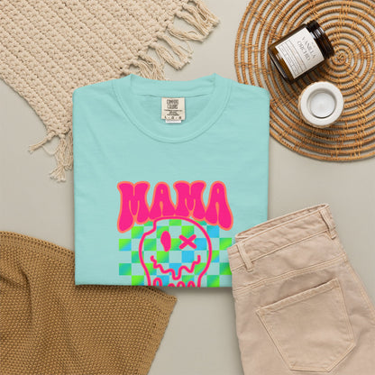 Mama Meltdown Graphic T-Shirt — Neon Checkerboard Drip Design
