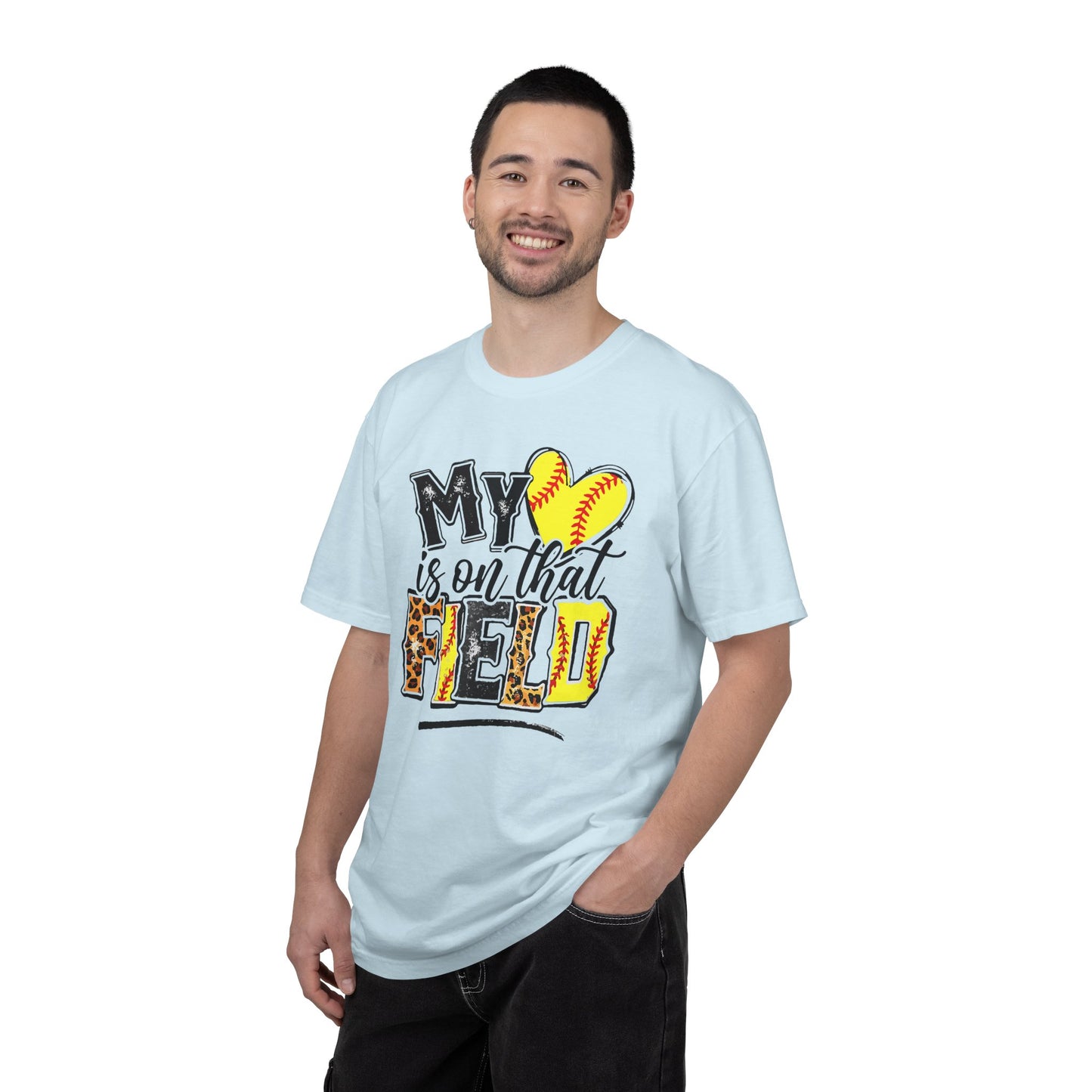 Softball Mom T-Shirt - "My Heart is on That Field" Leopard Stitch Design