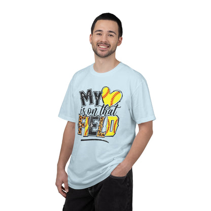 Softball Mom T-Shirt - "My Heart is on That Field" Leopard Stitch Design