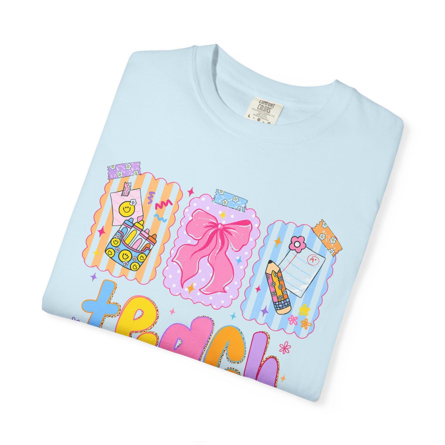 Teacher Gift T‑Shirt — Colorful 'Teach' Classroom Apple & Supplies Design