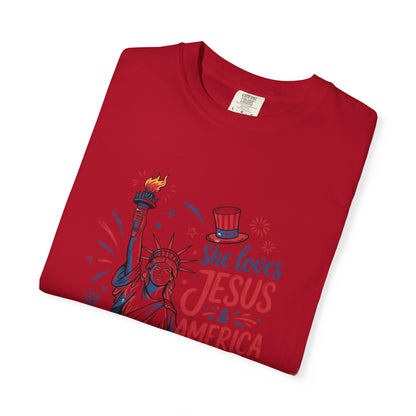 She Loves Jesus & America Tee — Patriotic Statue of Liberty Christian T-Shirt