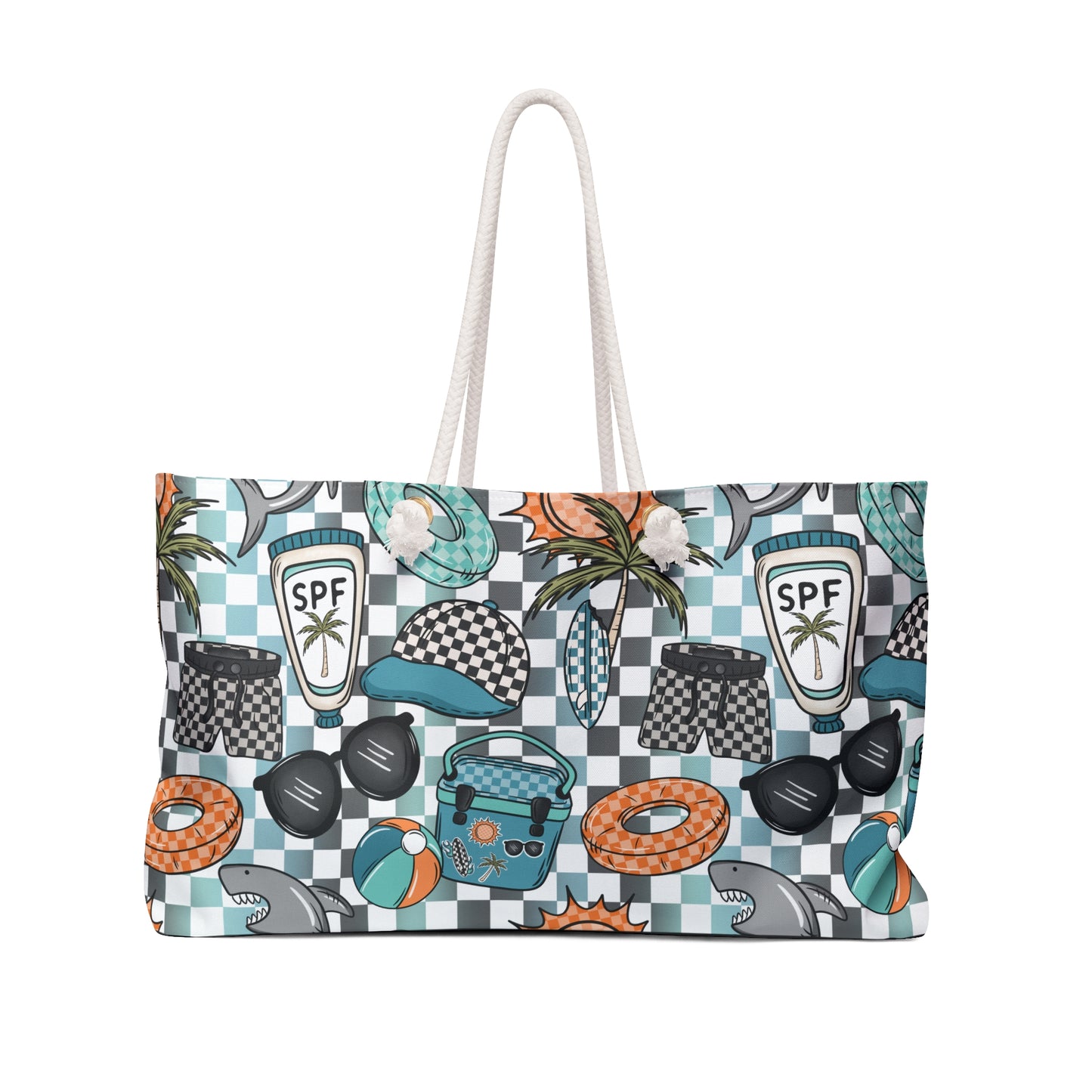 Beach Weekender Bag — Summer Travel Tote with Sunscreen, Sunglasses & Float Pattern