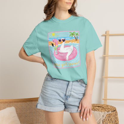 Summer Flamingo Pool Float T-Shirt – ‘Good Vibes & Sunshine’ Beach Tee