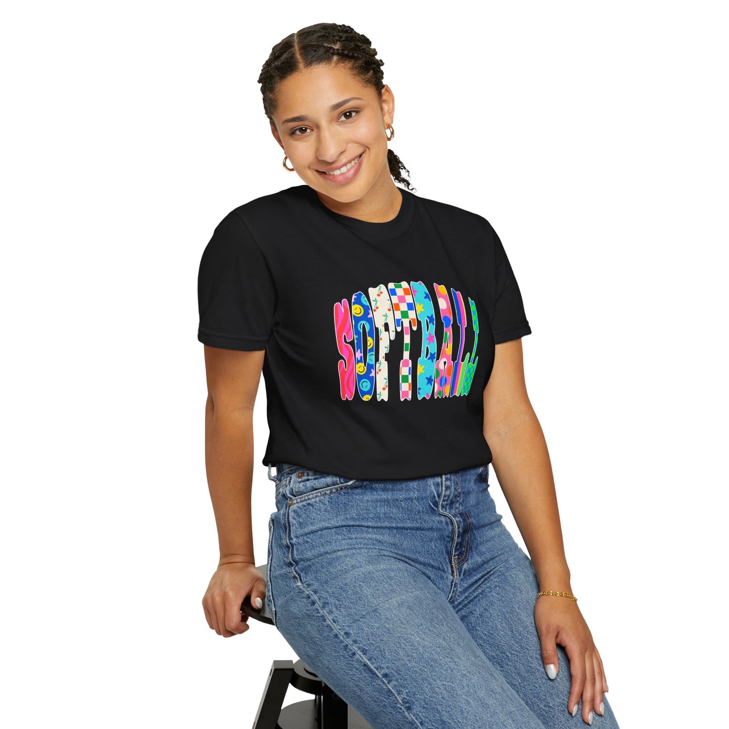 Smile Block Graphic T-Shirt — Colorful Patterned 'SMILE' Design
