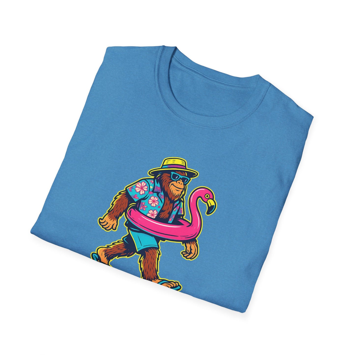 Beach Vacation Bigfoot Tee — Funny Sasquatch with Flamingo Float Shirt
