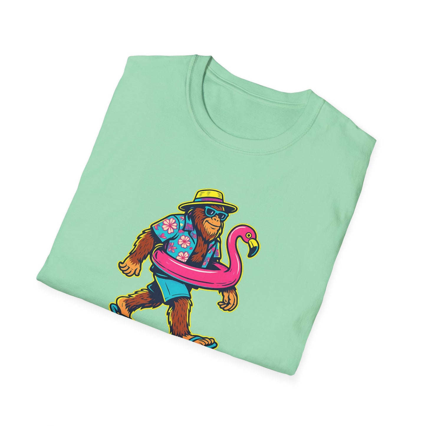 Beach Vacation Bigfoot Tee — Funny Sasquatch with Flamingo Float Shirt