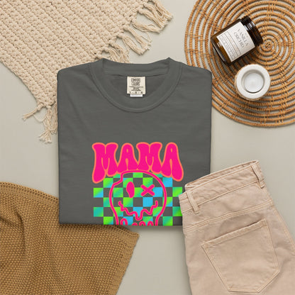 Mama Meltdown Graphic T-Shirt — Neon Checkerboard Drip Design